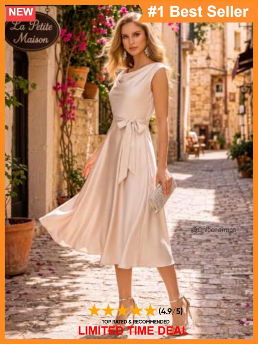 A Line Satin Cocktail Dress Cowl Neck Sleeveless Midi Formal Evening Gown - Picture 4 of 6
